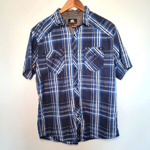 Rock & Republic Short Sleeve Button Down Shirt Mens Size‎ L Blue Plaid Western